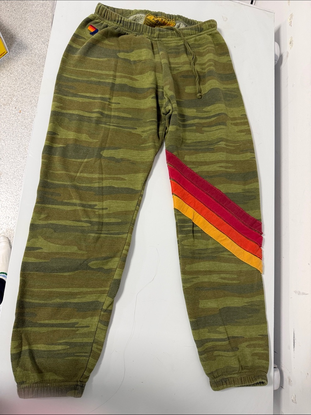 Aviator Nation women’s medium Olive Camo sweatpants with Red & Orange Stripe